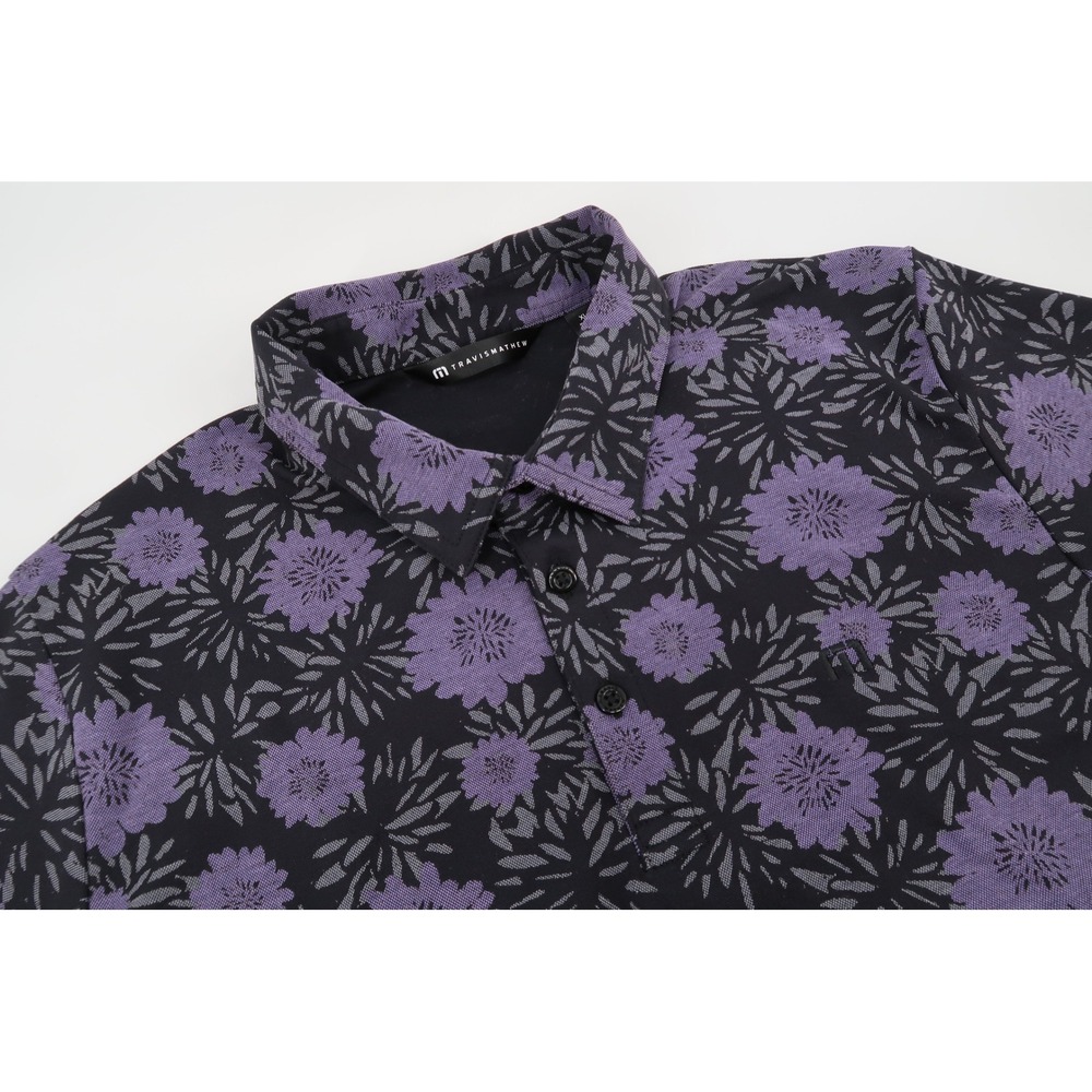 Travis Mathew Not Happening Polo Shirt Mens XL Black Purple Floral Golf 1MAA400